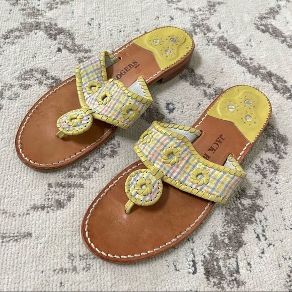 Jack Rogers Navajo Yellow Pastel Multi Plaid Leather Flip Flop Sandals 9 - Picture 3 of 9